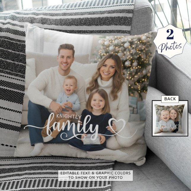Family Script Photo Heart Name Custom Color Throw Pillow (Creator Uploaded)