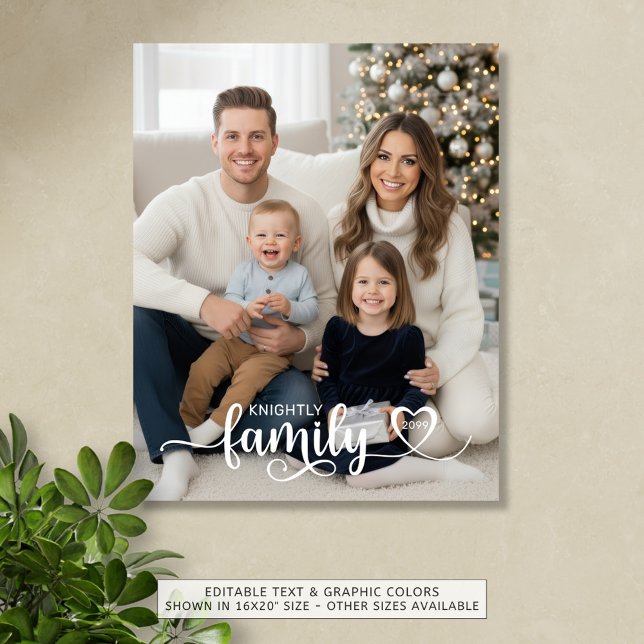 Family Script Photo Heart Name Custom Faux Canvas Print (Creator Uploaded)