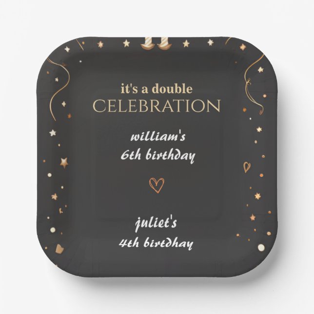 family Sibling Black simple modern Joint Birthday Paper Plates (Front)
