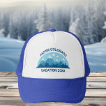 Family Ski Trip Custom Colorado City Blue Mountain Trucker Hat<br><div class="desc">Customized hat for your ski getaway to the Colorado mountains during your winter vacation. This cool skiing trip cap features a cute drawing of snow capped mountains and a blue landscape. A great nature design for an outdoors loving family for their nature expedition.</div>