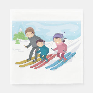 Family Skiing Winter Snow Scene Napkins