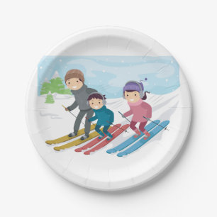 Family Skiing Winter Snow Scene Paper Plates