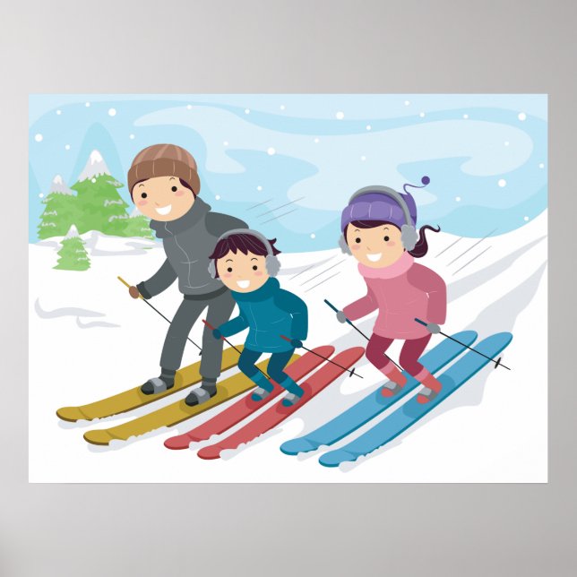 Family Skiing Winter Snow Scene Poster (Front)