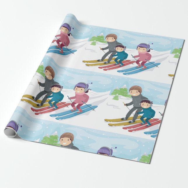 Family Skiing Winter Snow Scene Wrapping Paper (Unrolled)