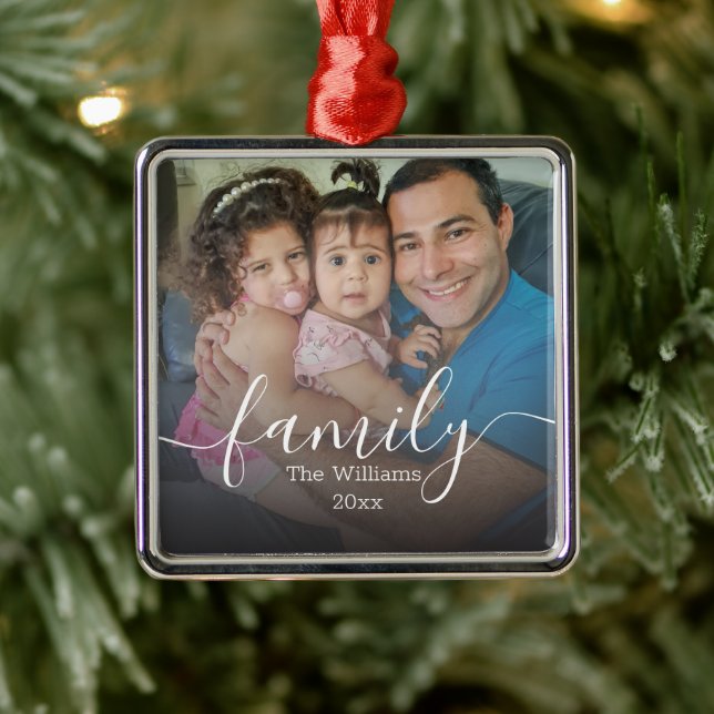 family,stylish script minimal faded photo metal ornament (Tree)