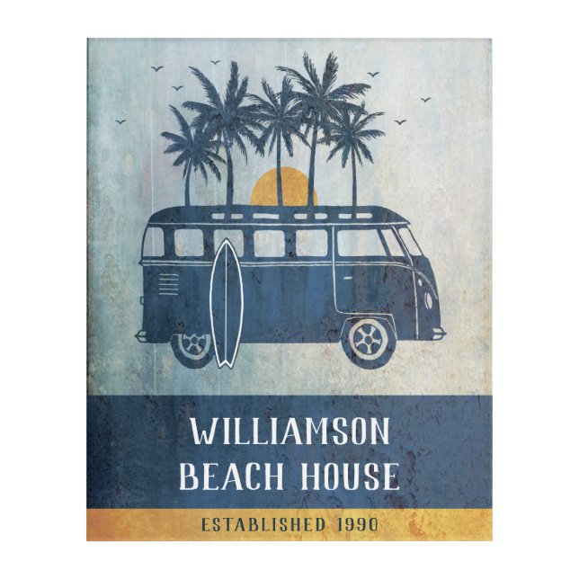 Family Summer Beach House Retro Van Monogrammed Acrylic Print (Front)