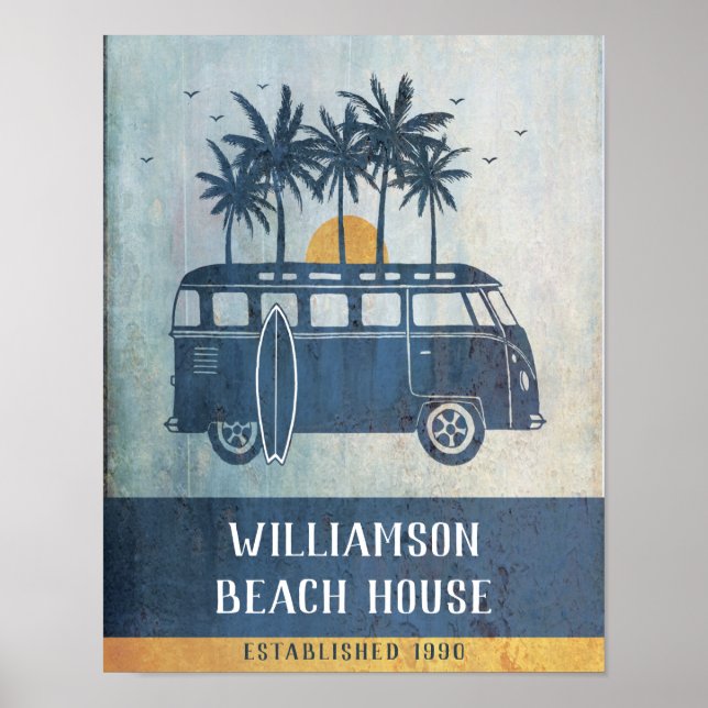 Family Summer Beach House Retro Van Monogrammed Po Poster (Front)