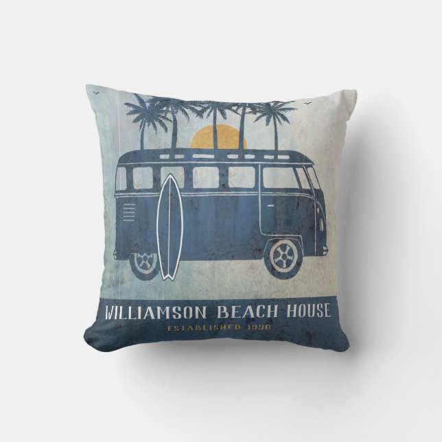 Family Summer Beach House Retro Van Monogrammed Throw Pillow (Front)