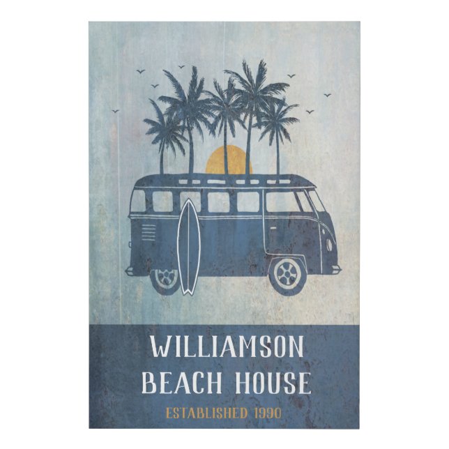 Family Summer Beach House Surf Van Monogrammed Faux Canvas Print (Front)