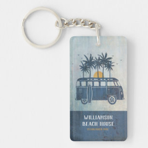 Family Summer Beach House Surf Van Monogrammed Keychain
