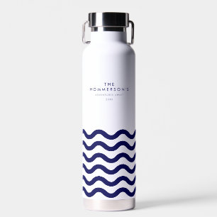 Family Summer Vacation Navy Blue Nautical Waves Water Bottle