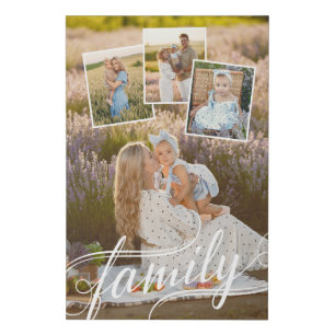 Family Swirly Script Photo Collage Faux Canvas Print