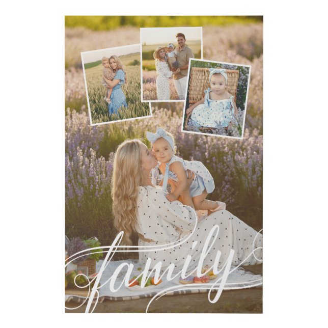 Family Swirly Script Photo Collage Faux Canvas Print (Front)
