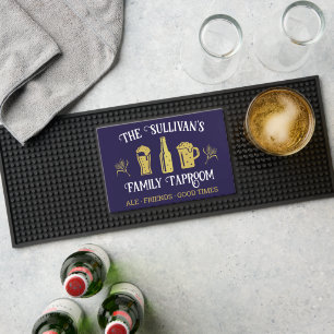 Family Taproom Personalized Home Bar Blue Gold Mat