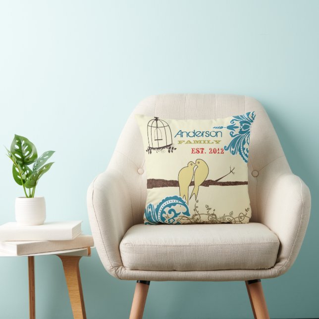 Family Teal Damask Love Bird Birdcage Established Throw Pillow (Chair)