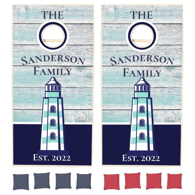 Family Teal Striped Nautical Lighthouse Cornhole Set (Set)