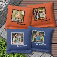 His and Her Photos Art Deco Frame and Team Name Cornhole Bags