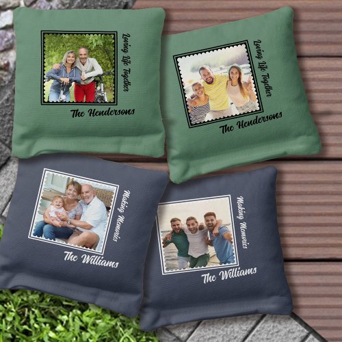 Family Team Names Slogan and 4 Framed Photos Cornhole Bags