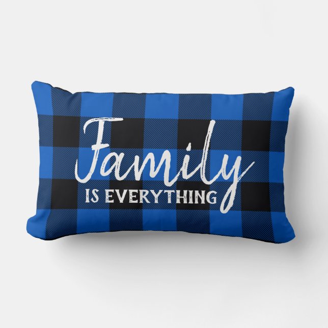 Family Text on Black and Blue Plaid  Lumbar Pillow (Front)