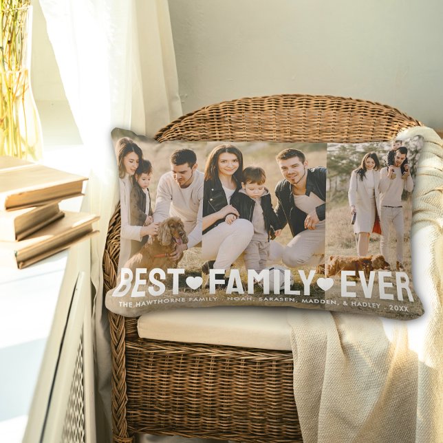 Family Text Overlay Best Family Ever Photo Collage Lumbar Pillow (Creator Uploaded)