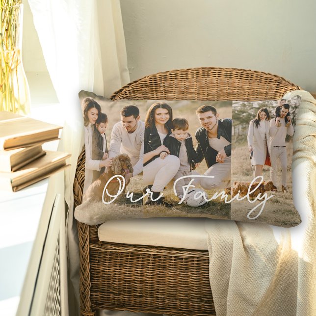 Family Text Overlay Photo Collage Script Lumbar Pillow (Creator Uploaded)