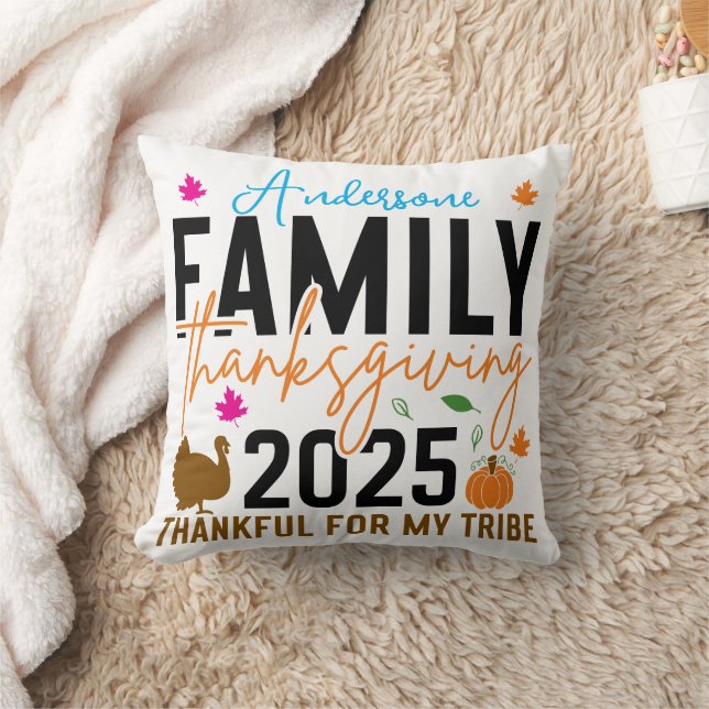 Family Thanksgiving 2025 | Editable Turkey  Throw Pillow (Blanket)