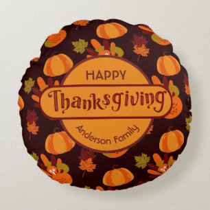 Family Thanksgiving Autumn Leaves Turkey Pumpkin Round Pillow