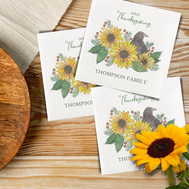 Family Thanksgiving Crow in Sunflowers Paper Dinner Napkins (Personalized Thanksgiving Napkins)
