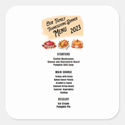  Family Thanksgiving Dinner Menu 2023 Square Sticker
