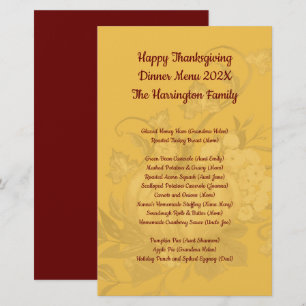 Family Thanksgiving Dinner Menu Keepsake