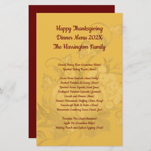 Family Thanksgiving Dinner Menu Keepsake 