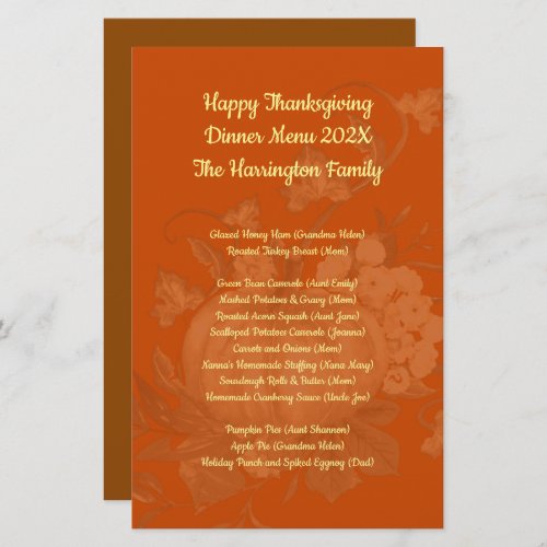 Family Thanksgiving Dinner Menu Keepsake Orange