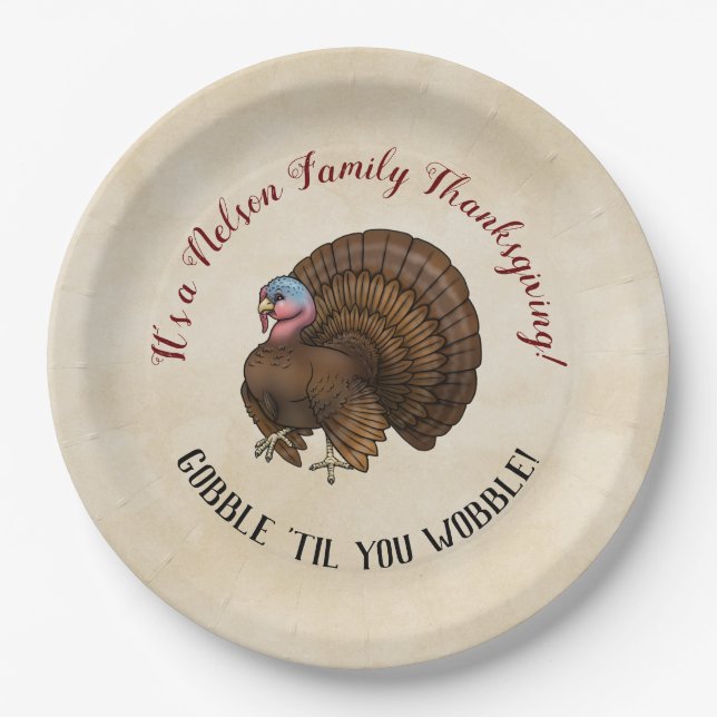 Family Thanksgiving "Gobble "til you wobble!"  Paper Plates (Front)