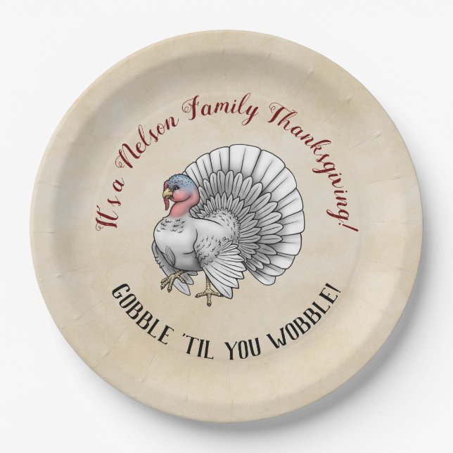 Family Thanksgiving "Gobble "til you wobble!" Paper Plates (Front)