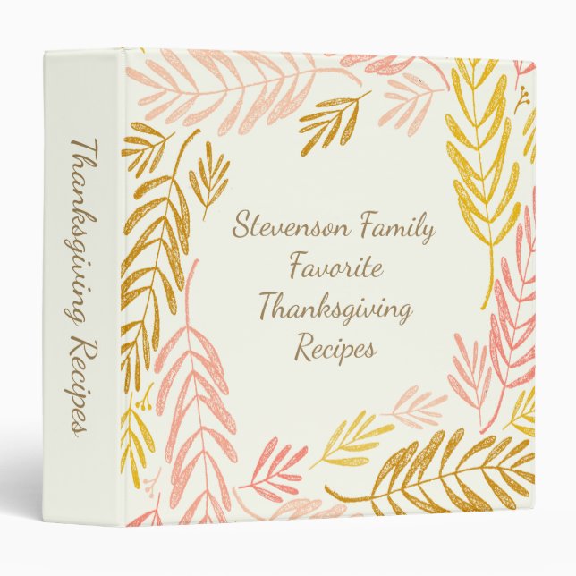 Family Thanksgiving Recipes Stylish Leaves Drawing 3 Ring Binder (Front/Spine)
