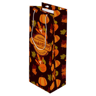 Family Thanksgiving Turkey Autumn Leaves Pumpkin Wine Gift Bag