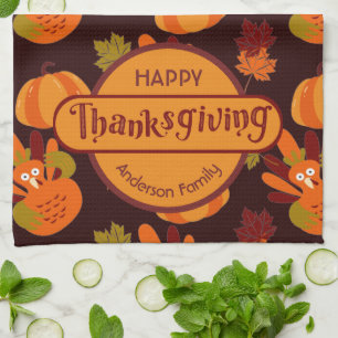 Family Thanksgiving Turkey Pumpkin Autumn Leaves Kitchen Towel
