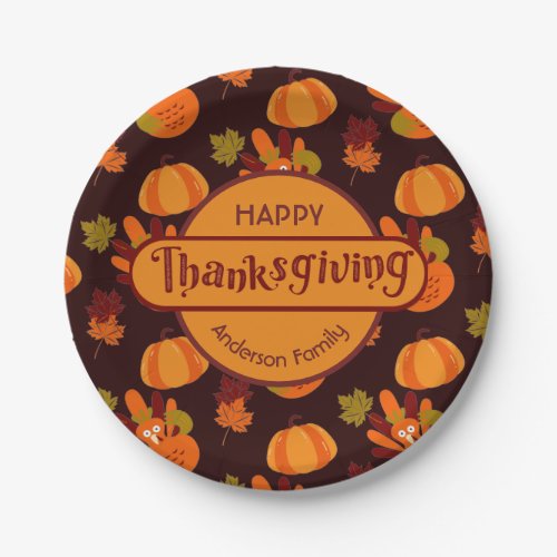 Family Thanksgiving Turkey Pumpkin Autumn Leaves Paper Plates