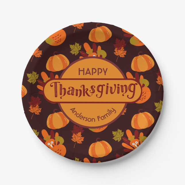 Family Thanksgiving Turkey Pumpkin Autumn Leaves Paper Plates (Front)