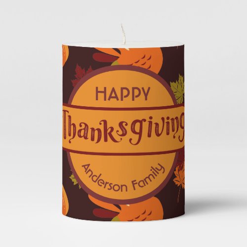 Family Thanksgiving Turkey Pumpkin Autumn Leaves Pillar Candle