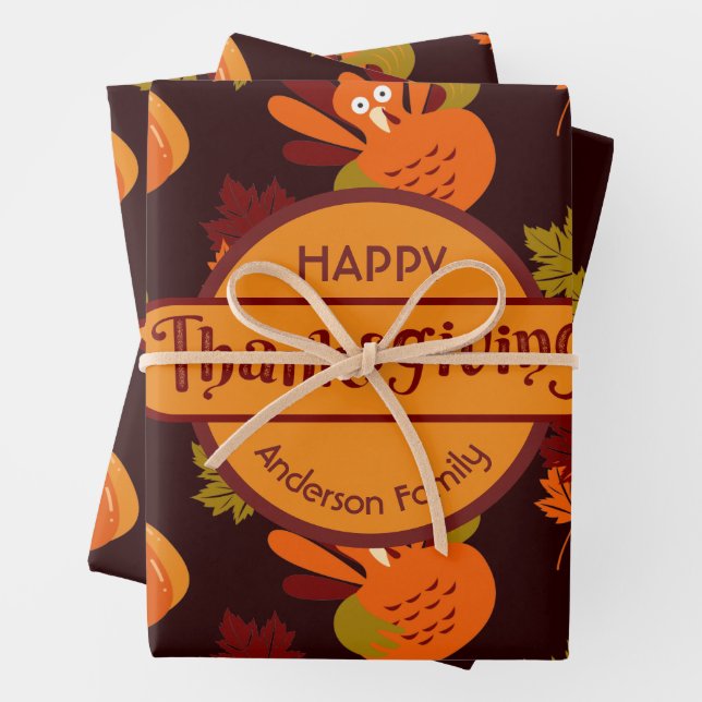 Family Thanksgiving Turkey Pumpkin Autumn Leaves Wrapping Paper Sheets (In situ)