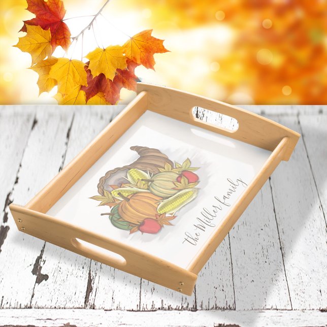 Family Thanksgiving Watercolor Fall Leaves Serving Tray (Family name fall autumn thanksgiving cornucopia serving tray.)