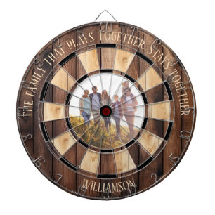 Family That Plays Personalized Rustic Wood Photo Dart Board