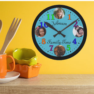 Family Time Four Photo Collage Colorful Numbers Round Clock