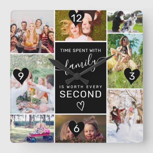 Family time moment 8 photos collage grid black square wall clock