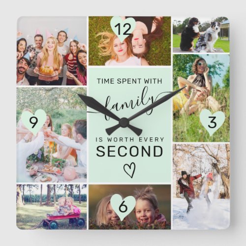 Family time moment 8 photos collage grid mint square wall clock