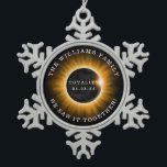 Family Totality Solar Eclipse Add Name Snowflake Pewter Christmas Ornament<br><div class="desc">A total solar eclipse occurred on April 8,  2024,  passing over Mexico,  the United States,  and Canada.  This ornament has a family name for you to personalize and the text "Totality 04.08.24" "We Saw it together!" An orange and black graphic in the center represents the eclipse.</div>