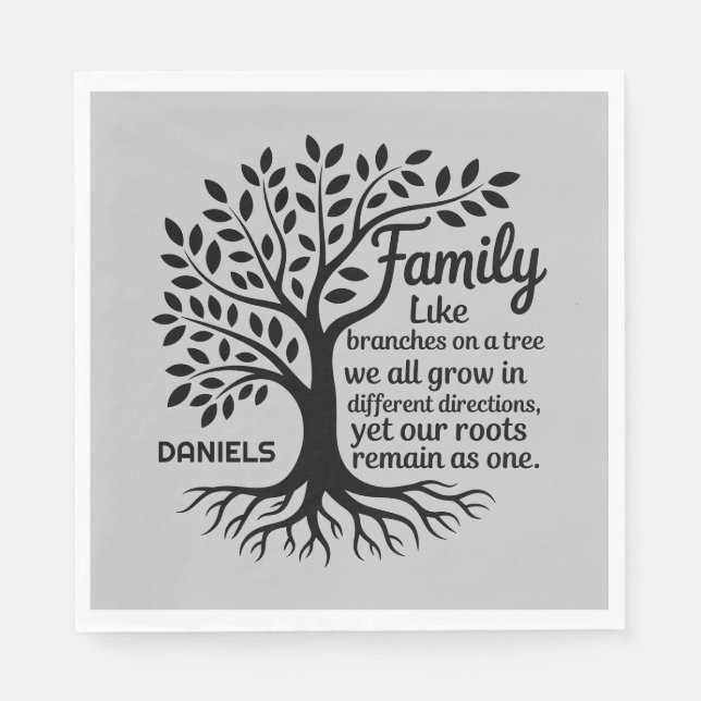 Family Tree Black & Gray Personalized Family Name Napkins (Front)