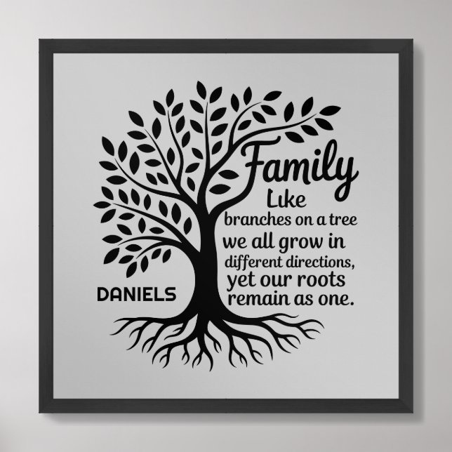 Family Tree Black & Gray Personalized Framed Art (Framed Front)