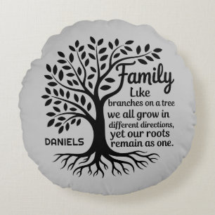 Family Tree Black & Gray Personalized Round Pillow